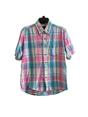 Men's Scott Foster Pink Plaid Short Sleeve Button Up Shirt. Size L